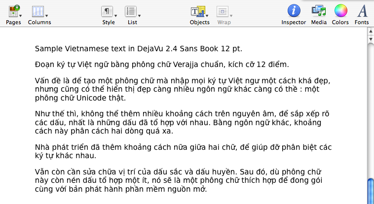 Sample prose in DejaVu 2.4 Sans, shown in Pages, the Mac OSX publishing program.