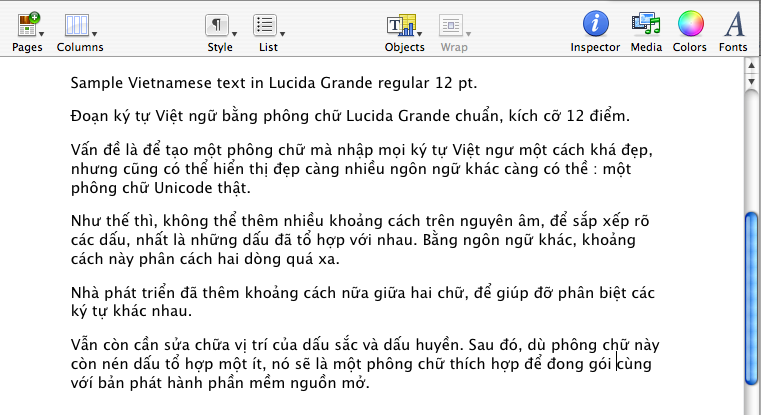 Sample prose in Lucida Grande, shown in Pages, the Mac OSX publishing program.