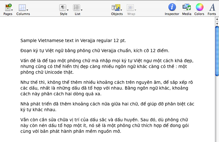Sample prose in Verajja, shown in Pages, the Mac OSX publishing program.