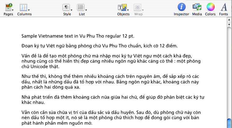 Sample prose in Vu Phu Tho, shown in Pages, the Mac OSX publishing program.